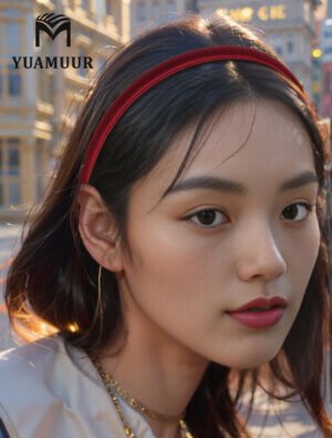 Model wears a thin silk headband